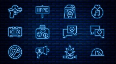 Hat kurun Turist çadırı konuşma balonu sohbeti Hippi kız bavulu seyahat için Retro ses kaseti savaş ve barış ikonu yok. Vektör.