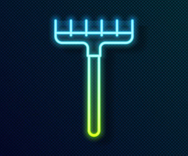 Parlayan neon çizgisi tırmık simgesi siyah arkaplanda izole edildi. Bahçecilik, tarım, çiftçilik aleti. Toprak işçisi. Temizlik ekipmanları. Vektör.