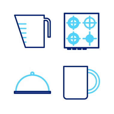 Soba tepsisi ve ölçüm ikonu ile kaplı kahve bardağını ayarla. Vektör.