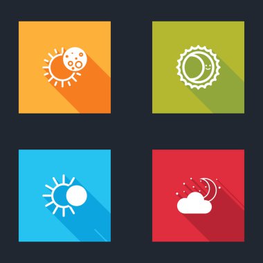 Güneş tutulmasını ve Bulut 'u ay ve yıldız ikonuyla ayarla. Vektör.