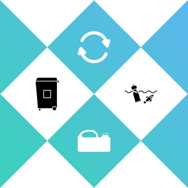 Çöp tenekesini, makine yağı tenekesini, tazelemeyi ve okyanus simgesinin kirliliğini ayarlayın. Vektör.