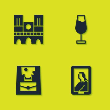 Notre Dame 'ı ayarla, müzede portre, el çantası ve şarap ikonu. Vektör.