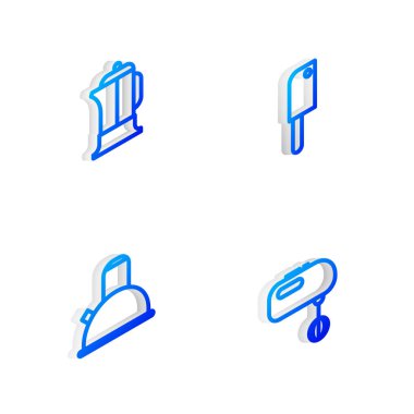 Isometric hattı et helikopteri, Fransız presi, saplı kettle ve elektrik karıştırıcı simgesini ayarla. Vektör.