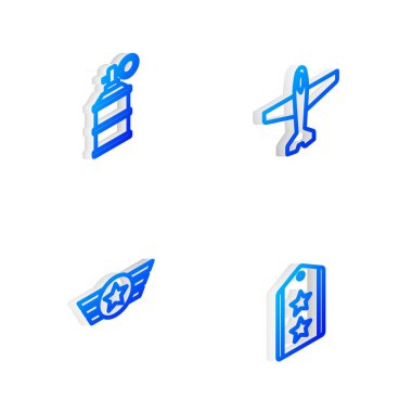 Isometric hattı uçak, el bombası, Amerikan ordusu ve askeri rütbe ikonu. Vektör.
