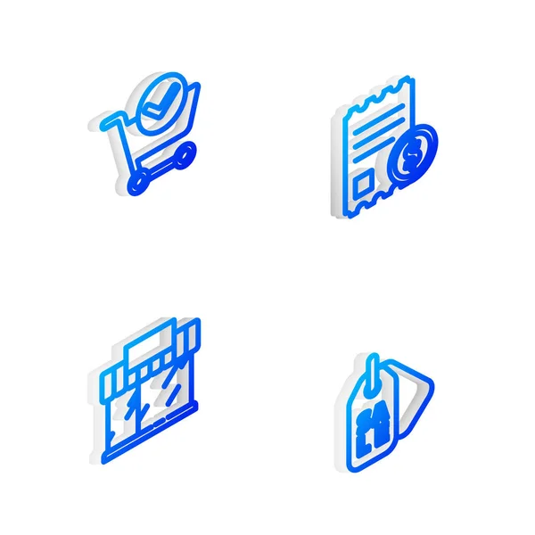 Set Isometric Line Kontrola Papíru Finanční Kontrola Nákupní Košík Značkou — Stockový vektor