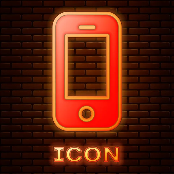 Glödande Neon Smartphone Mobiltelefon Ikon Isolerad Tegelvägg Bakgrund Vektor — Stock vektor