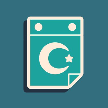 Yeşil Yıldız ve Hilal - yeşil arka planda izole edilmiş İslam ikonunun sembolü. Din sembolü. Uzun gölge tarzı. Vektör.