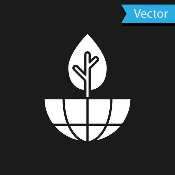 Weiße Erdkugel Und Pflanzensymbol Isoliert Auf Schwarzem Hintergrund Welt Oder — Stockvektor