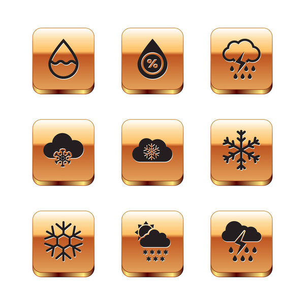 Set Water drop Snowflake Cloud with snow and sun and rain lightning icon. Vector.