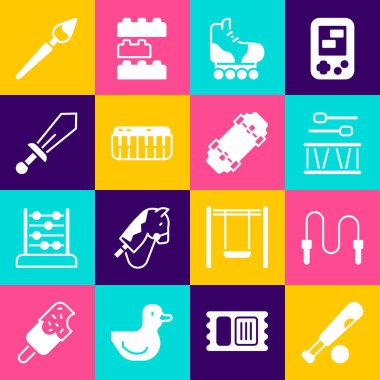 Beyzbol sopasını topla, trampet bateri çubuklarını patenli paten müzik sentezleyicisi oyuncak boya fırçası ve kaykay ikonu ile ayarla. Vektör.