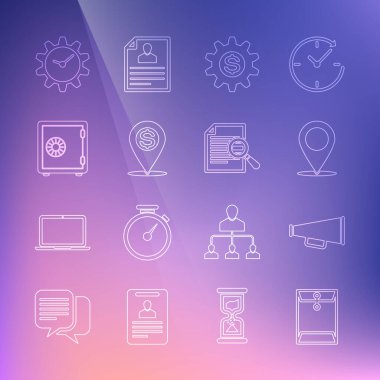 Satır Zarfı Megaphone Harita Pin Aracı dolar sembolü Cash konumu Güvenli Zaman Yönetimi ve Belge Arama simgesi ile ayarlayın. Vektör.