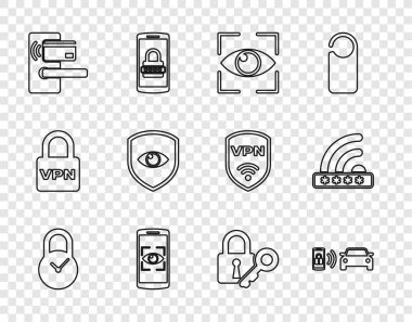 Hat Padlock 'u saat akıllı araba alarm sistemi Göz taraması mobil ve göz dijital kapı kablosuz kalkansız kilit anahtarı ve Wifi kilit simgesi ile ayarla. Vektör.