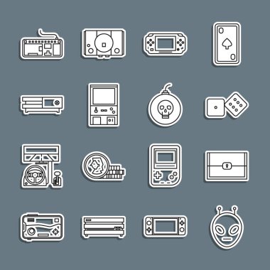 Oyun Zarı Portable video oyun konsolu Retro oyun makinesi Bilgisayar klavyesi ve Bomba için Satır Uzaylı Sandığı 'nı hazırla. Vektör.
