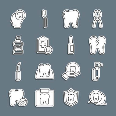 Diş matkabı, diş macunu, ağız gargarası, insan kafası ve ağrı kesici tablet ikonu. Vektör.
