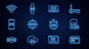 Micro Sim Card 5G dizüstü bilgisayarını Mobil Wi-Fi kablosuz dijital hız ölçer ve Smart saat simgesiyle ayarla. Vektör.