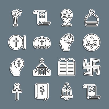 Tevrat 'ı yaz, Hindu gamalı haç yıldızı David Paskalya yumurtası Hristiyan Aspergillum ve Yin Yang ikonu. Vektör.