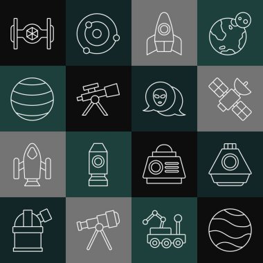 Uzay Kapsülü Uydu Roketi Uzay gemisi Teleskobu ve Uzaylı simgesi hattını ayarla. Vektör.