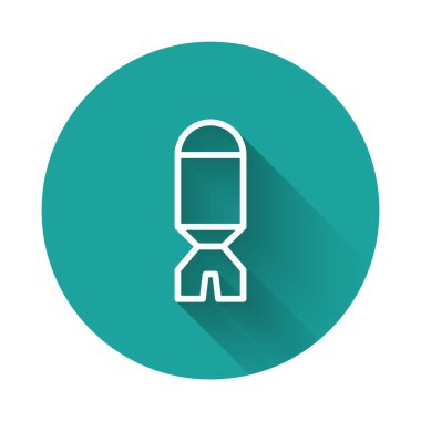 Füze ikonlu beyaz çizgi roket fırlatıcı uzun gölge arkaplanlı. Yeşil daire düğmesi. Vektör.