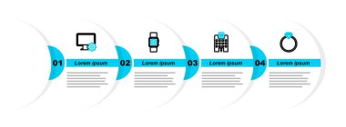 Diamond nişan yüzüğü tıbbi hastane binası Smartwatch seti, bilgisayar monitörü ve dişli ikonu ayarlayın. Vektör.