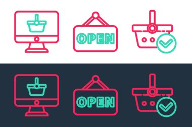 Satır alışveriş sepetini işaretli monitör alışverişi ve asma işareti simgesiyle ayarla. Vektör.