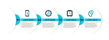 Satır Zaman Yönetimi Alarm Saatini ve mobil uygulama simgesini ayarla. Vektör.