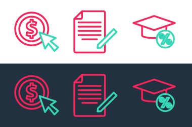 Mezuniyet şapkası ve bozuk para parasını dolar ve kağıt kalem simgesiyle ayarla. Vektör.