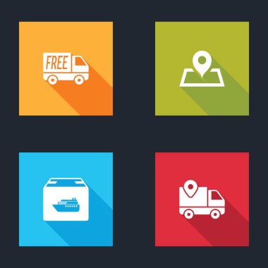 Ücretsiz teslimat hizmeti, haritada yer tutucu, kutulu kargo gemisi ve teslimat takip simgesi ayarlayın. Vektör.