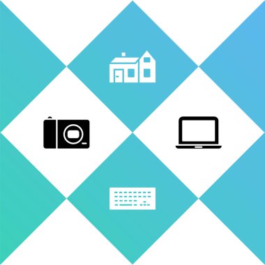 Fotoğraf makinesini, klavyeyi, House 'u ve laptop simgesini ayarla. Vektör.