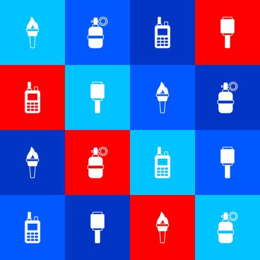 Meşaleyi, el bombasını, telsizi ve tanksavar el ikonunu hazırla. Vektör.