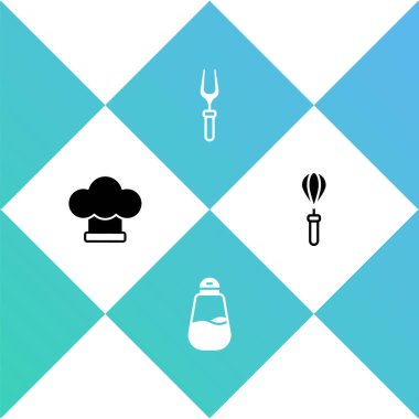 Şef şapkası, tuzlu barbekü çatalı ve mutfak çırpma ikonu hazırla. Vektör.