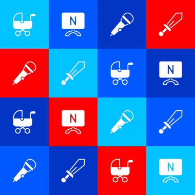 Bebek arabası akıllı televizyon mikrofonu ve kılıç oyuncağı simgesini ayarla. Vektör.