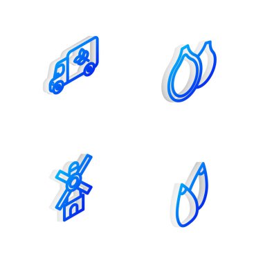 Kabak çekirdeği, un kamyonu, yel değirmeni ve tohum ikonu. Vektör.