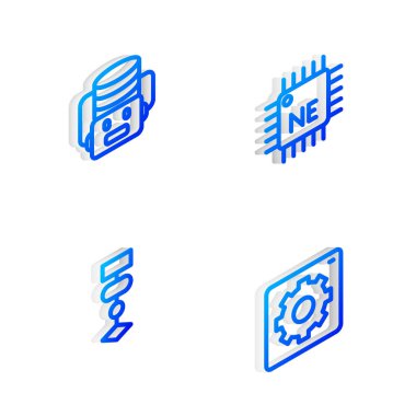 Isometric hattı işlemcisi Yapay Zeka Robotu Algoritması ve Bilgisayar Ağı arayüzü simgesini ayarla. Vektör.