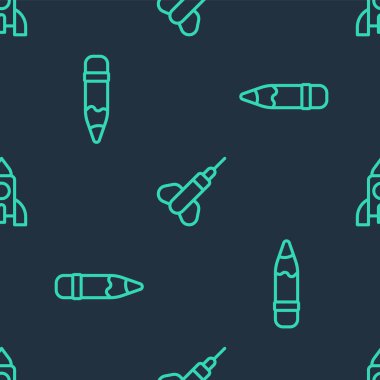 Dart ok kalemini silgiyle ve roket gemi oyuncağıyla kusursuz desenlere ayarlayın. Vektör.