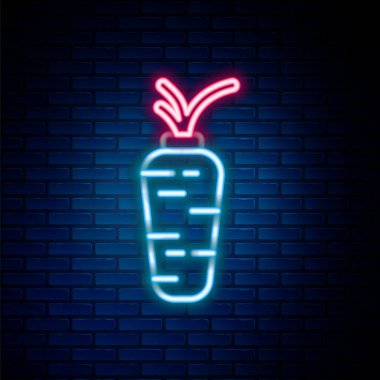 Parlayan neon hattı havuç simgesi tuğla duvar arkasında izole edilmiş. Renkli taslak konsepti. Vektör.