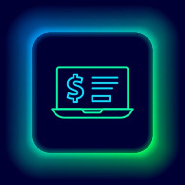 Siyah arkaplanda dolar simgesi olan parlak neon hattı dizüstü bilgisayar. Dünyanın her yerine para göndermek, para transferi, online bankacılık, finansal işlemler. Renkli taslak konsepti. Vektör.