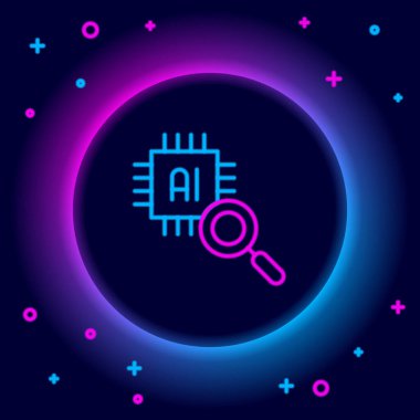 Siyah arkaplanda izole edilmiş mikro devreli parlayan neon hattı Bilgisayar işlemcisi. Devre kartlı çip ya da işlemci. Mikro işlemci. Renkli taslak konsepti. Vektör.