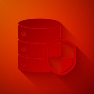 Kırmızı arkaplanda kalkan simgesi olan kağıt kesme sunucusu. Saldırılara karşı koruma. Ağ güvenlik duvarı, yönlendirici, anahtar, veri. Kağıt sanatı tarzı. Vektör İllüstrasyonu.