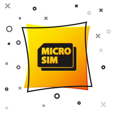 Siyah Sim Kart simgesi beyaz arkaplanda izole edildi. Mobil ve kablosuz iletişim teknolojileri. Ağ çipi elektronik bağlantısı. Sarı kare düğme. Vektör.