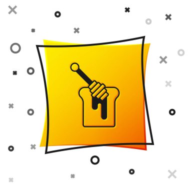 Beyaz arka planda izole edilmiş bal ikonu damlatan Siyah Bal Dipper çubuğu. Tatlı kepçe. Sarı kare düğme. Vektör.