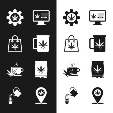 Marihuana, alışveriş poşeti, online test tüpü, esrar ya da kenevir tohumu alımı, konum ve su ikonu. Vektör.