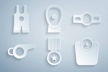 Madalyalı boks kemeri Islık Banyosu terazisi patileri çalıştırma ve güreş tekli ikonu. Vektör.