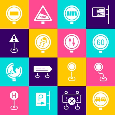 Yol trafik levhası hız limitini aşmayan yaya geçidi kaygan ünlem üçgeni dur ve iki yönlü ikonu uyar. Vektör.