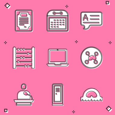 Sertifika şablonu Takvim Konuşma baloncuklarını Cevap Abaküs Laptop Kimyasal formülü ile ayarla ders verir ve Kilit soyunma odası simgesi verir. Vektör.