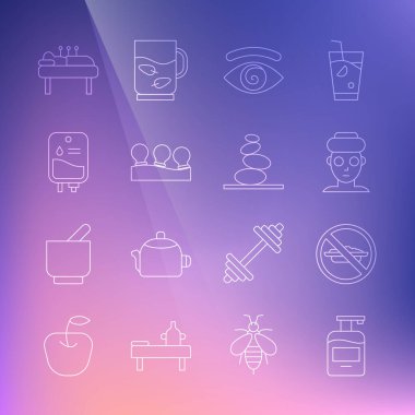 Bir şişe sıvı sabun, diyet yok, yüz maskesi, Hipnoz, süpürge kutuları, akupunktur terapisi ve sıcak taş ikonu. Vektör.