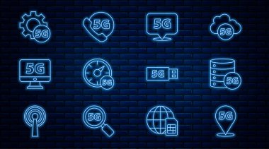 Satır Konumu 5G ağ Server Dijital hız ölçer monitörünü modem ve telefon simgesi ile ayarla. Vektör.