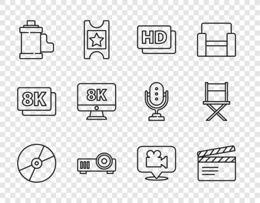 Satır CD 'sini veya DVD CD CD Film alkışlayıcısını Hd film teybi çerçeve çerçevesi, 8k ve konumu ve Direktör sandalyesi ikonu ile birlikte film rulo kartuş monitörünü ayarla. Vektör.