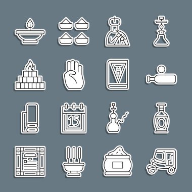 Taxi tuk tuk tuk Hint vazosu kriket sopası ve top toplayıcı flüt sembolü Yagna Aroma lambası ve anayasa günü ikonu çalıyor. Vektör.