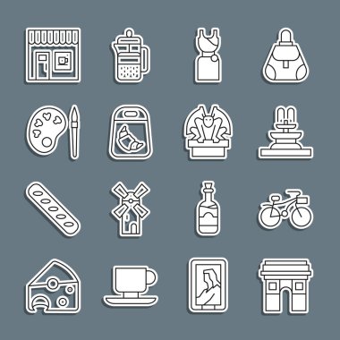 Triumphal Arch Bisiklet Çeşmesi Kadın Croissant paket fırçasını palet kahvecisi ve heykel simgesinde Gargoyle ile ayarla. Vektör.