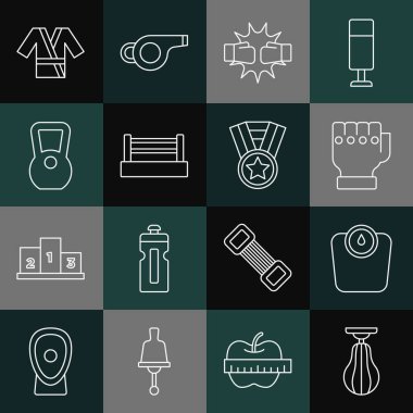 Kum torbası Kum Torbası MMA eldiven boks eldivenleri Kettlebell Japon kostüm Kimono ve madalya ikonu. Vektör.